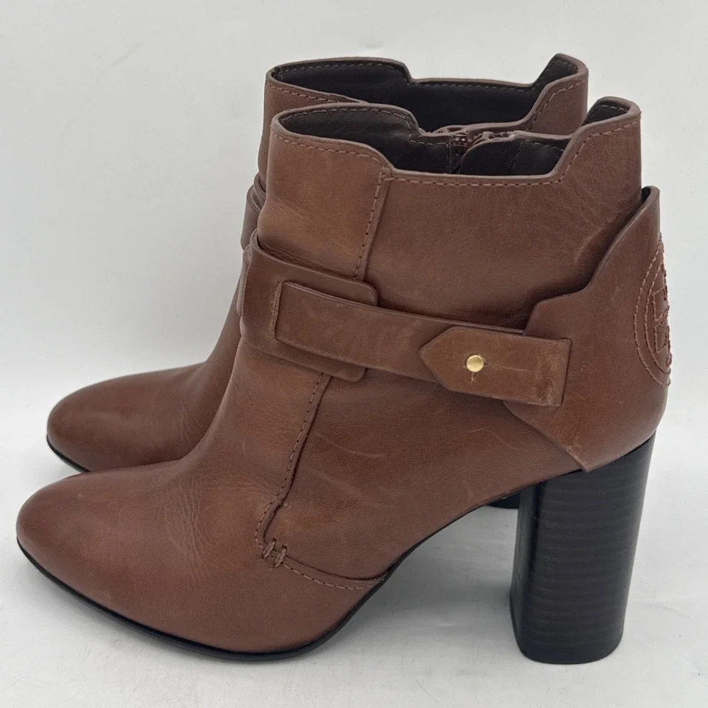 Tory Burch Colton Leather Ankle Boots Brown Heeled Booties Harness Strap Size 6